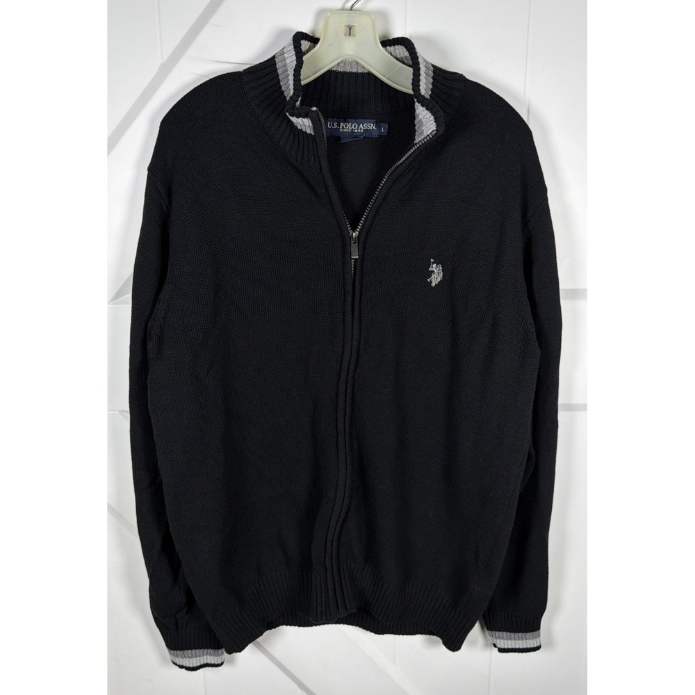 U.S Polo Assn Men's Black Full Zipper Sweater Preppy Size L Layering Winter